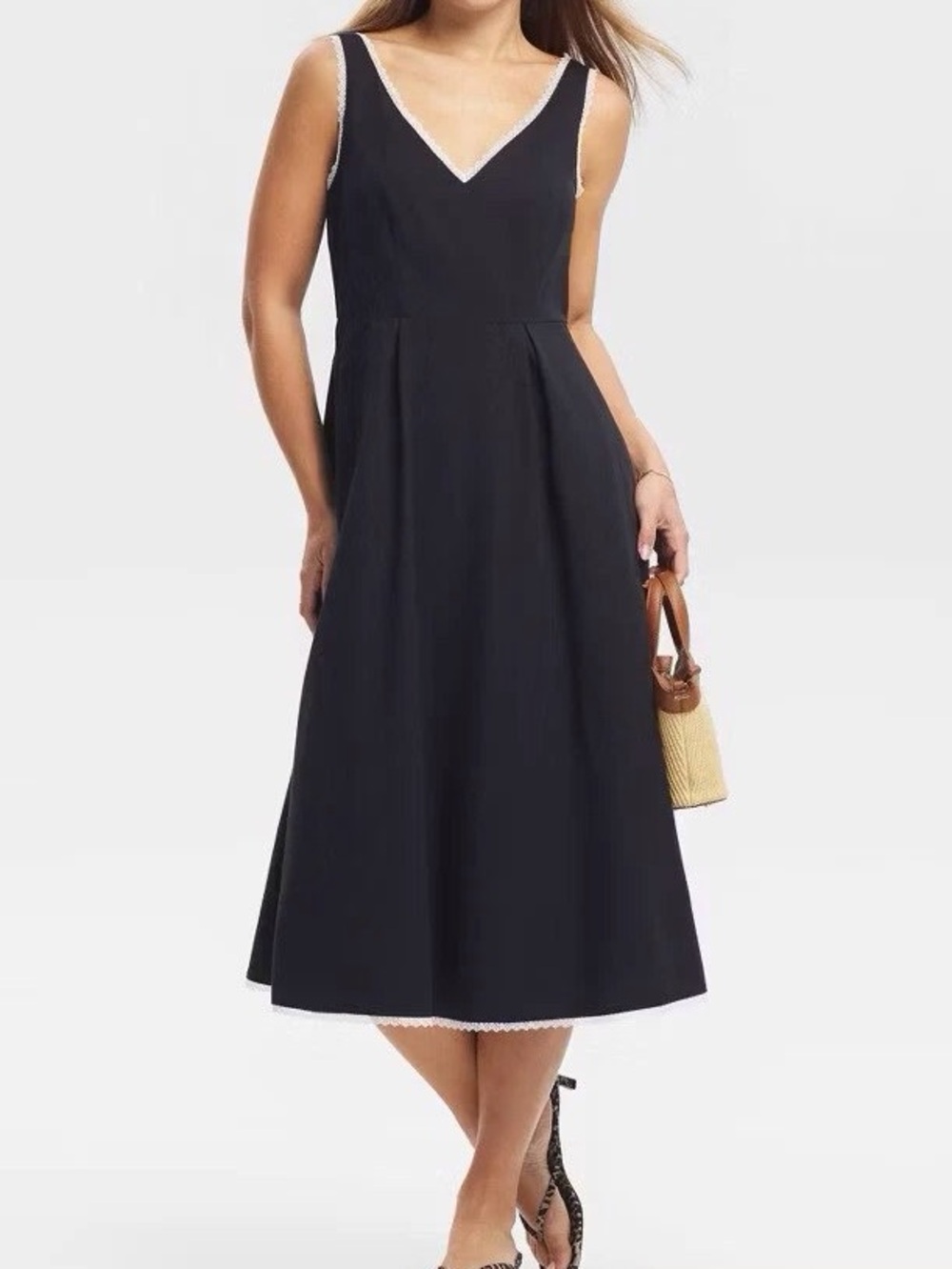 V-Neck Black Midi Dress with Delicate Trim - Women's